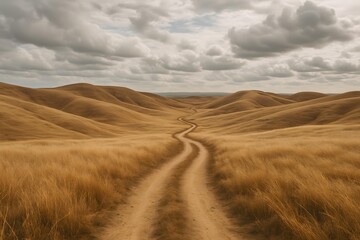 Fototapeta premium Winding Path through Rolling Golden Grass Hills Under Cloudy Sky