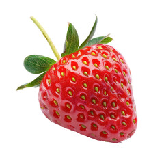 Close-up of a single, ripe strawberry.  Bright red, glossy skin with visible seeds.  Green stem and leaves. Isolated on black
