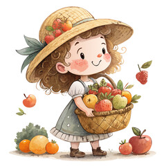 Cute Cartoon Female Farmer Kid with Fruit Basket Illustration – Watercolor Style Vector Art


