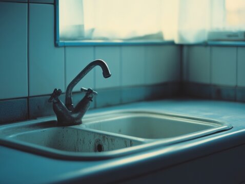 Vintage kitchen with dirty blue tiled walls and a dilapidated sink in disrepair.