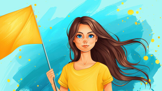 Vibrant watercolor features a young girl joyfully waving a flag on Swedens National Day, capturing cultural pride and spirit.