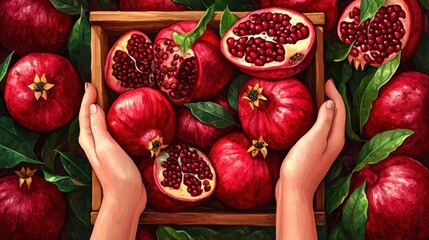 Capture the beauty of fresh pomegranates in hands, showcasing vibrant colors and exquisite textures.