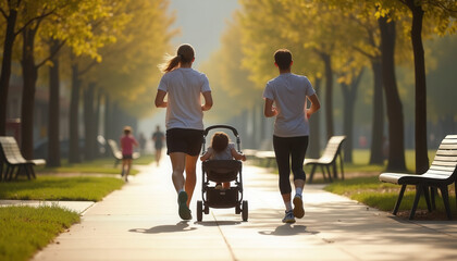 Obraz premium Two adults jogging with a stroller in park during morning sunlight 