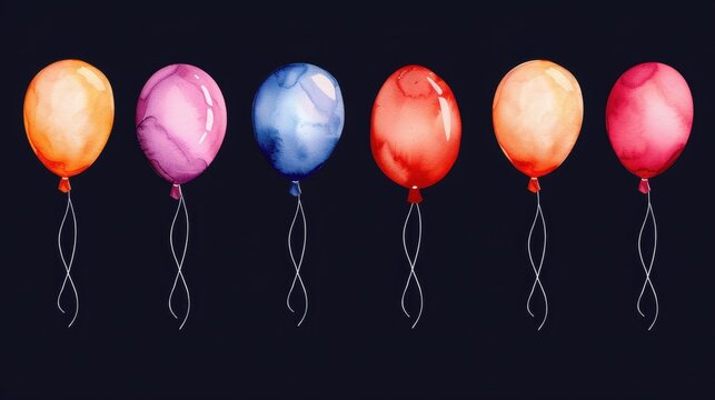 Celebrate a milestone with this vibrant watercolor clip art featuring  fun figures and cheerful balloons on a sleek black backdrop. Perfect for birthday themes