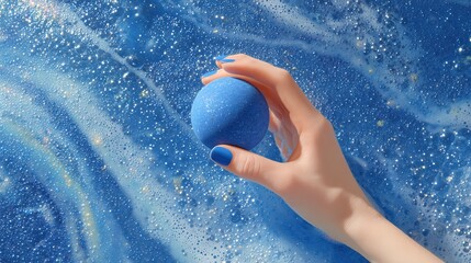 Bright blue bath bomb held above sparkling water creating a relaxing atmosphere indoors with bubbles and vibrant colors.