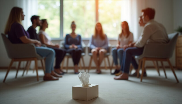 Group therapy session with diverse participants sitting in a circle  
