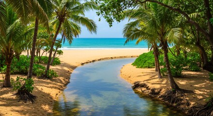 Obraz premium Lush Palm-Fringed Beach with Clear Stream Flowing into Azure Tropical Ocean Under Blue Sky