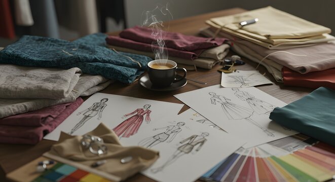 Fashion designer's creative process unfolds with sketches, fabric swatches, and steaming coffee