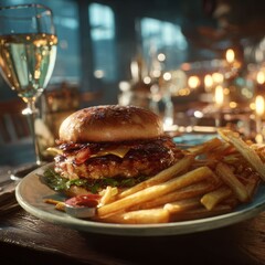 Gourmet burger with french fries and glass of wine on a plate in restaurant. Delicious fast food meal with drink