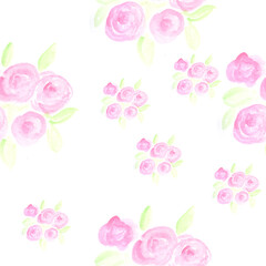 Pink flowers roses on white background. Watercolor pattern seamless illustration, hand drawn looped modern freehand new