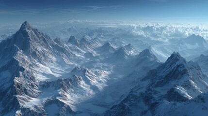 Naklejka premium Dramatic snow-covered mountain range with a cloud-covered horizon vista