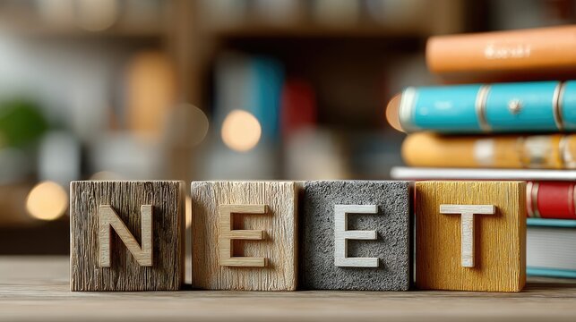 Wooden blocks spelling NEET on a table, books in the background
