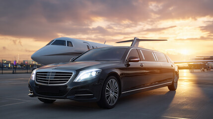 Obraz premium View of black luxury limousine car with private white jet in the background at the airport, private luxury escort. sunset