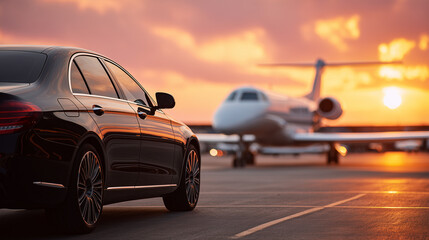 View of black luxury limousine car with private white jet in the background at the airport, private luxury escort. sunset