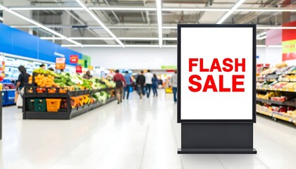 Black Digital Signage with Red Text in Modern Grocery Store