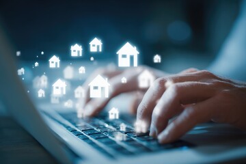 Hands typing on laptop, house icons overlay (1)