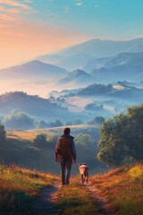 Obraz premium Man and dog hiking scenic misty mountains