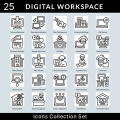 Digital Workspace icon set collection in outline style. an icon pack contain file sharing, document shredder, remote work time, tax office, cloud database, video conference