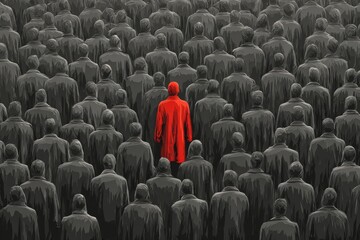 A single red coat in a sea of gray