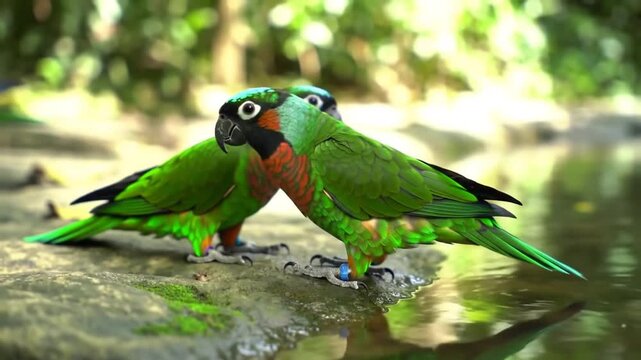 Vibrant Bluecrowned Hanging Parrot Drinks Water in Lush Green Forest.