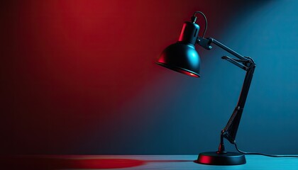 Modern desk lamp illuminated by vibrant red and blue light