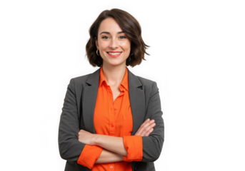 Smiling woman in blazer and orange shirt arms crossed isolated on transparent background
