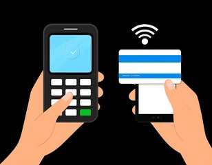 Hands holding a contactless payment terminal and a smartphone, processing a credit card