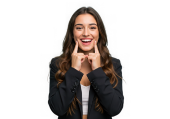 Young woman smiling and pushing cheeks isolated on transparent background