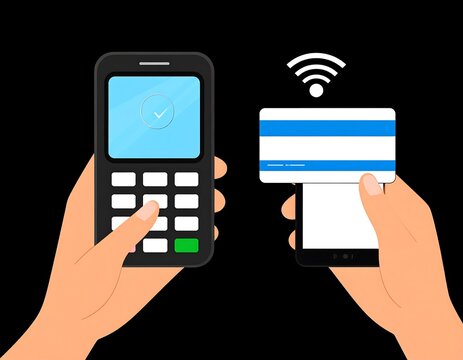 Hands holding a contactless payment terminal and a smartphone, processing a credit card - Powered by Adobe