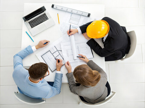 Architects collaborating on building plans at a table with blueprints