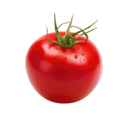 Single, ripe tomato, vibrant red, wet, stem attached
