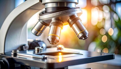 Fototapeta premium Microscope Focusing on Sample in Lab with Lens Flare