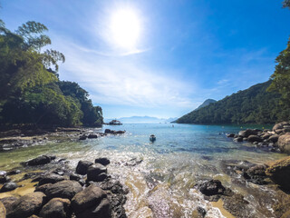 Rocky Shore and Boats at Lagoa Verde in Ilha Grande, Brazil