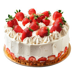 A round cake, generously topped with fresh strawberries and a thick layer of whipped cream