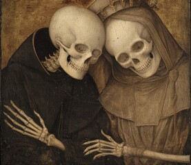 Embracing Mortality: A timeless monochrome image presents two skeletons tenderly embracing. Evoking the solemn themes of mortality and the inescapable end that awaits all.