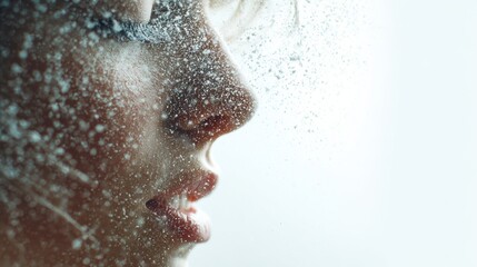 Young Woman Enjoying Refreshing Mist on Her Face With Particles Frozen Mid-Air Against a Soft White Background