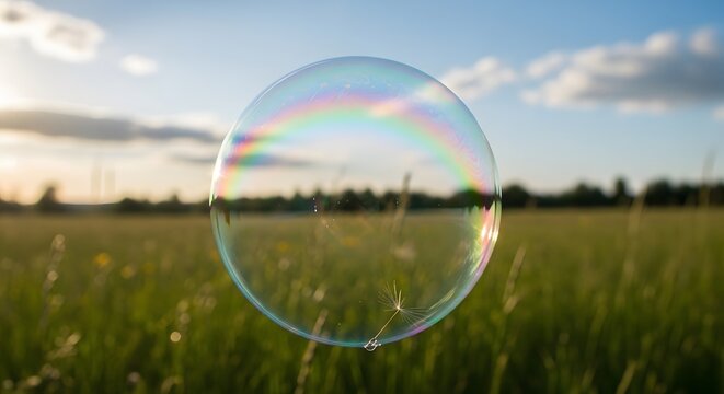 A shimmering bubble floats in a field of green grass under a bright blue sky with scattered clouds