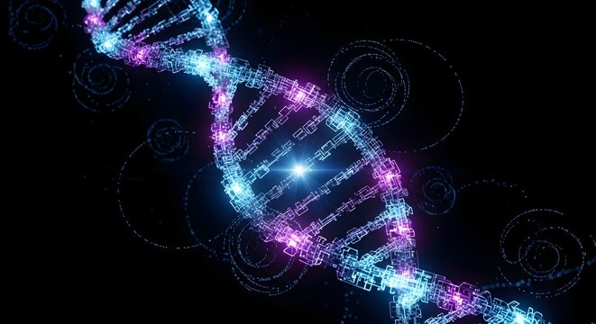 A digital dna strand with blue and pink hues against a black background with spiral particle effects - Powered by Adobe