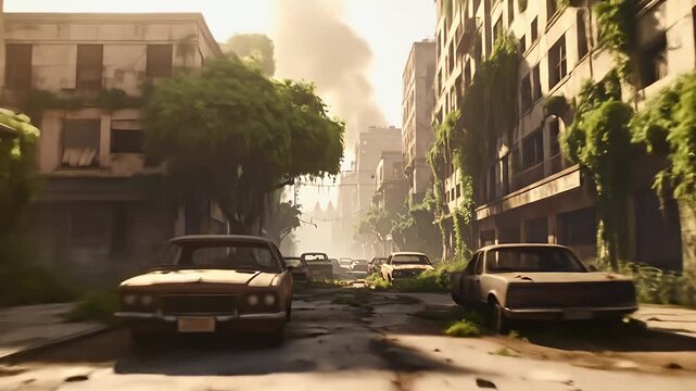 Desolate urban street post apocalyptic
