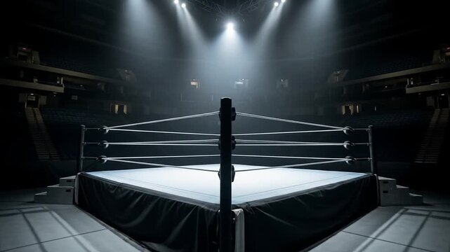 Empty Wrestling Arena with Dramatic Spotlight Illumination.