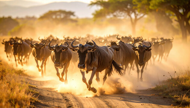 Majestic wildebeest gnu herd running during migration in Africa. Powerful wildlife on safari journey kicking up dust against dramatic golden sunset, truly wild scene