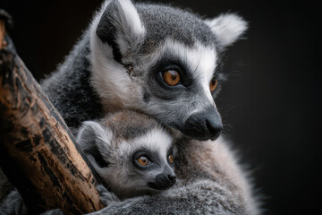Obraz premium Ring-tailed lemur embracing baby with intense gaze and visible tail