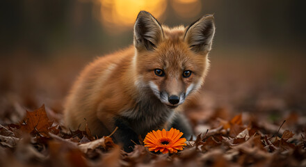 Fox pup amidst autumn leaves admires marigold