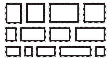 Vintage postage stamp vector frames set with various shapes, including rectangle, oval, and heart, ideal for letters and postcards