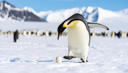 Fototapeta premium Emperor penguin showing nurturing care for an egg on cold snow in Antarctica. colony of wild birds stand on frozen ice with mountain backdrop under blue sky