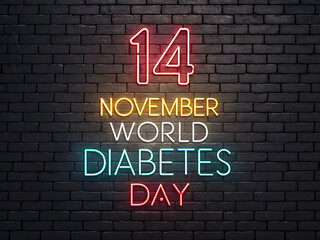 Obraz premium 14 November World Diabetes Day neon text glowing on dark brick wall image