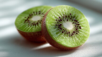 Halved kiwi fruits showing vibrant green flesh and tiny black seeds details