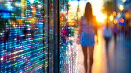 blurred person passing digital facial recognition gate with transparent interface overlay in futuristic city background, copy space on left