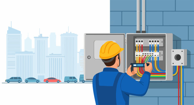 Worker performing electrical work on control panel in city. Electrical work setup shows man in hardhat doing electrical repair in city buildings. Electrical work is important for city communications.