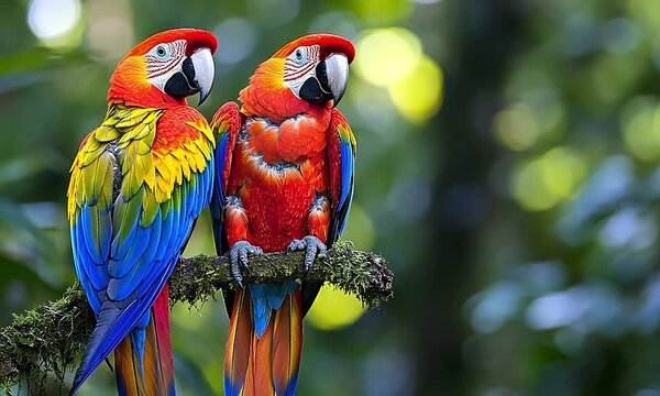 Vibrant macaws perched in a lush forest